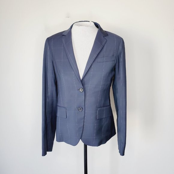 Theory Blazer Wool Check Work Career Preppy Sophisticated Academia Navy 8 - Picture 4 of 11